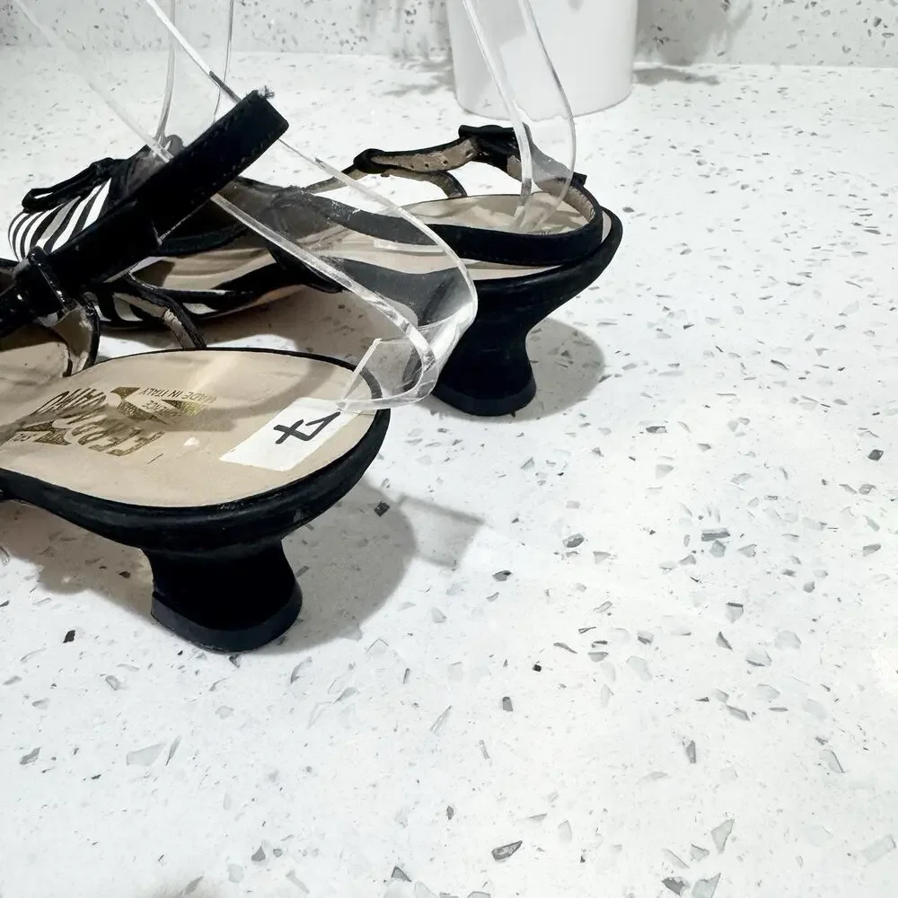Salvatore Ferragamo striped slingback kitten heels Black Cream Striped Pointed 7